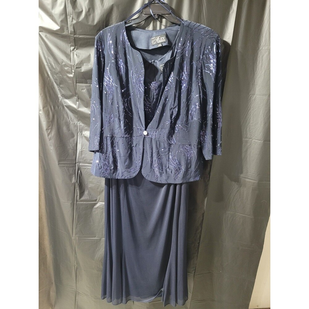 Alex Evening Blue 2 Pc Layered Jacket/dresd Sequins Lined Sz 24w